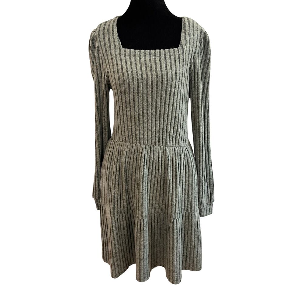 Ribbed Tiered Dress Sz Med Square Neck w/ Pockets Boho Cottagecore Romantic - Picture 3 of 13